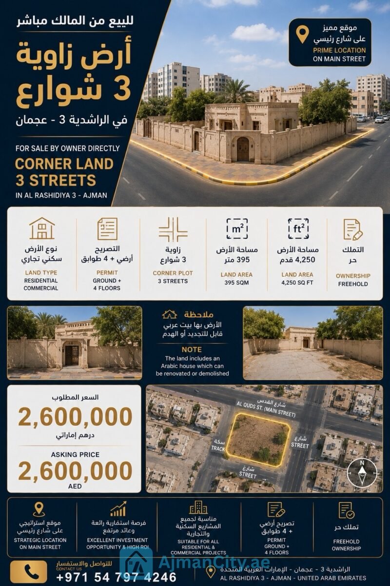 Residential/Commercial Land for Sale in Al Rashidiya 3 – Ajman, Corner Plot on 3 Streets, Al Quds Street G+4