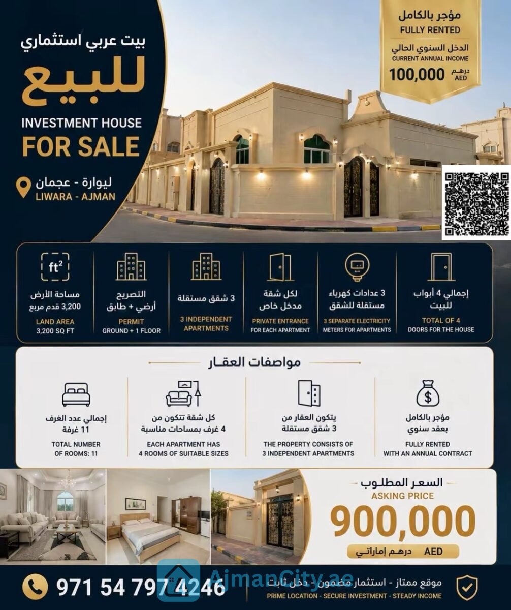 Investment-grade Arabic villa in Liwara, Ajman, generating AED 100,000 in annual income.