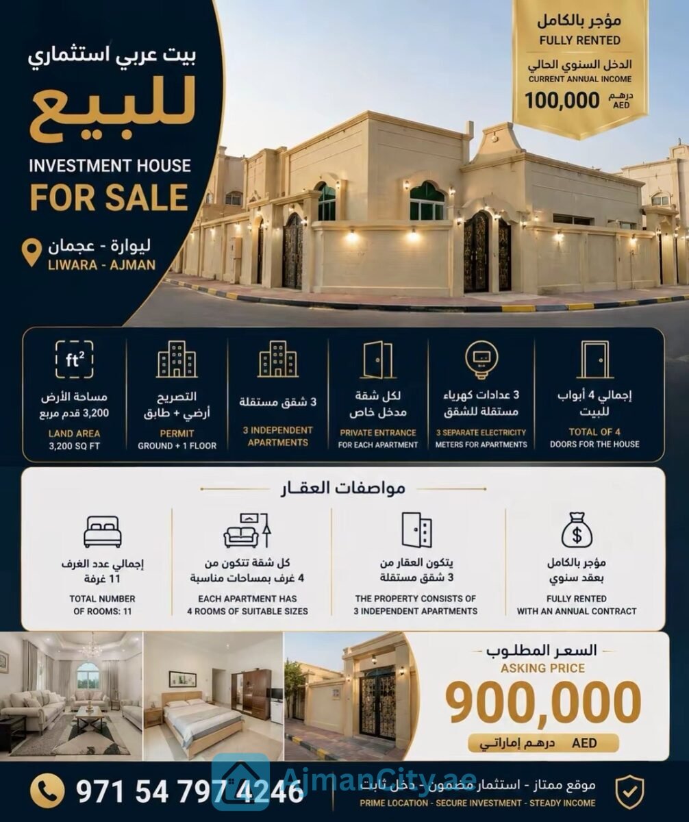 Investment-grade Arabic villa in Liwara, Ajman, generating AED 100,000 in annual income.